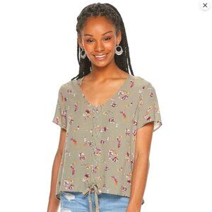 Pink Republic Gray Green Floral Lace-Up Blouse M